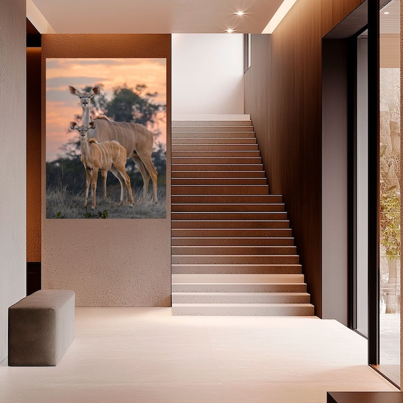 Antilope kudu moeder met jong op acrylglas.  Grote foto in de gang. Gemaakt door Julia Eilert 