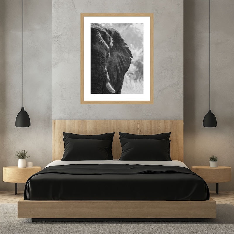 Olifant wanddecoratie in zwart-wit. Gemaakt van museumkwaliteit fotopapier voor een luxe uitstraling. Gemaakt in South Luangwa, Zambia