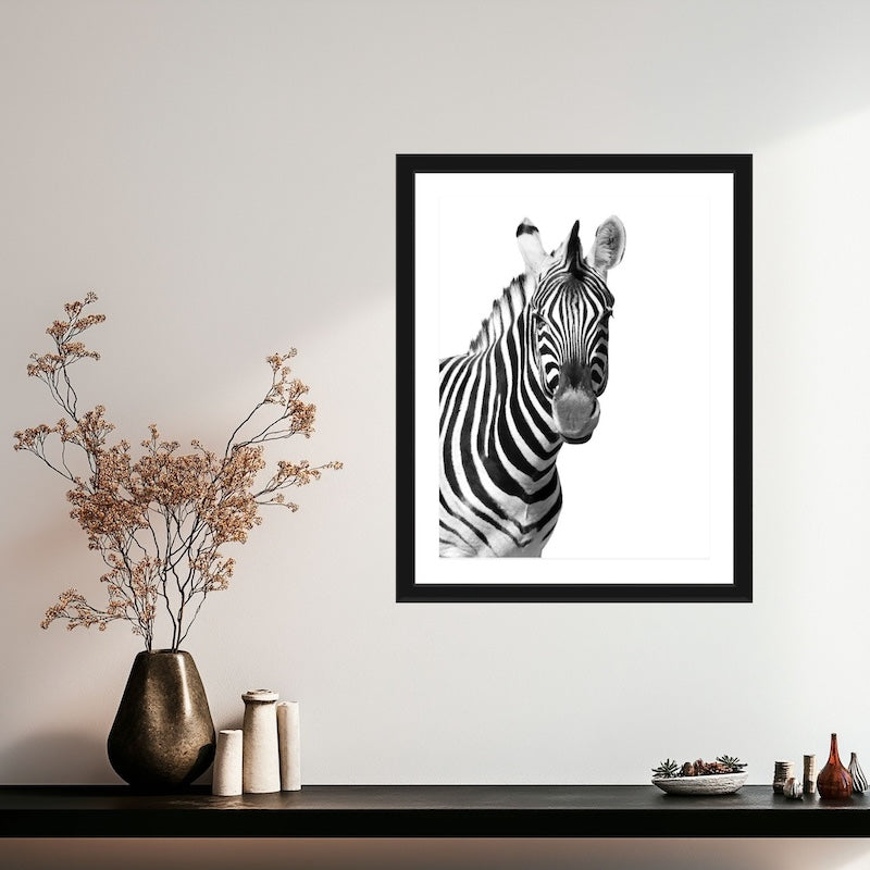 Zebra wanddecoratie zwart-wit op luxe fotopapier zonder lijst. Werk Stillness, gemaakt door Julia Eilert Photography
